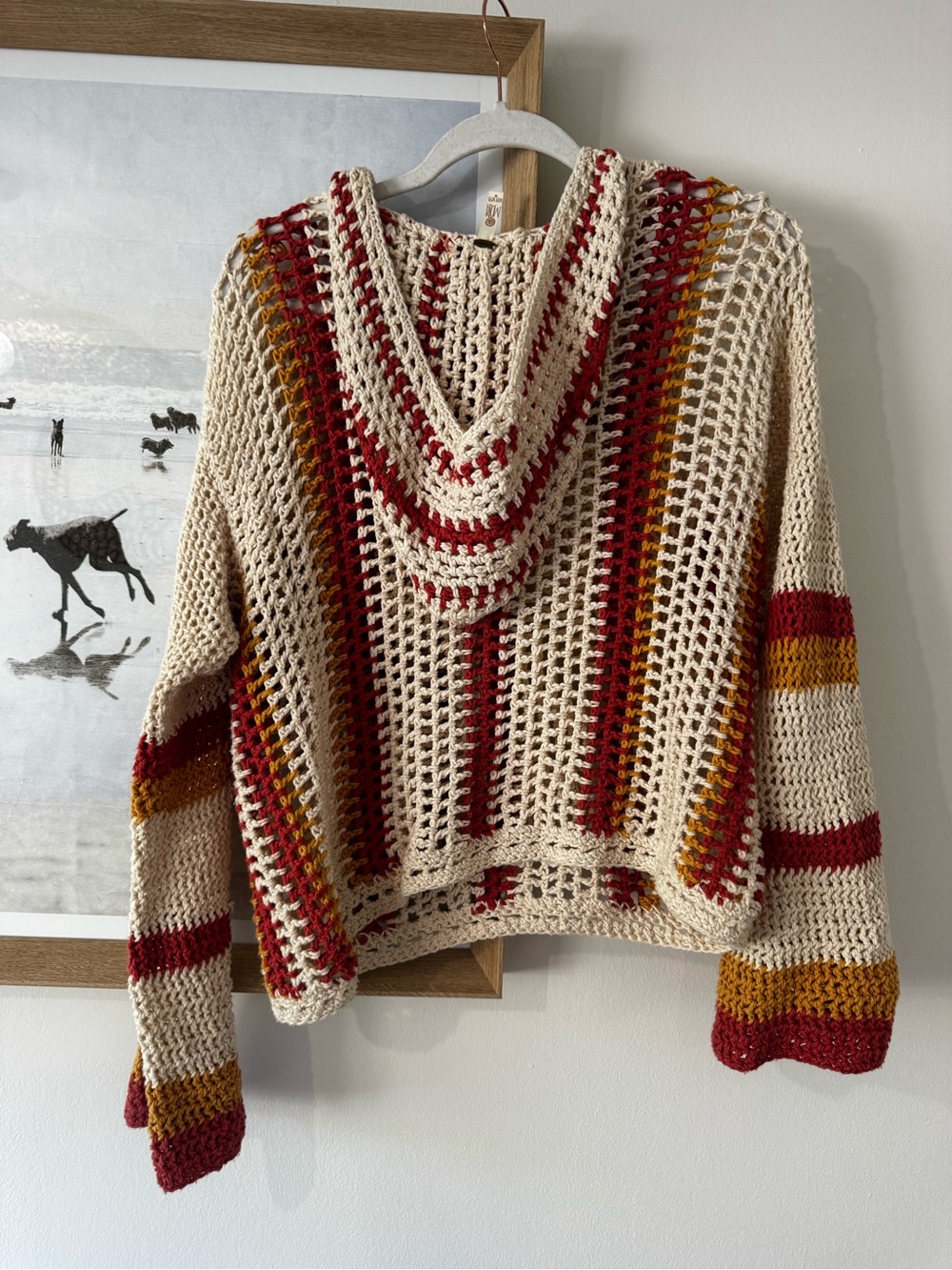 Open-Knit Lace-Up Pullover Sweater in Cream with Rust & Mustard Stripes - Picture 5 of 7